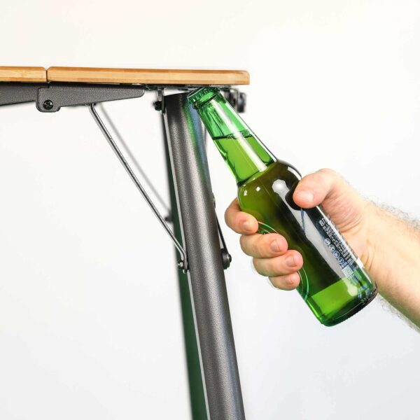 Camping table bottle opener